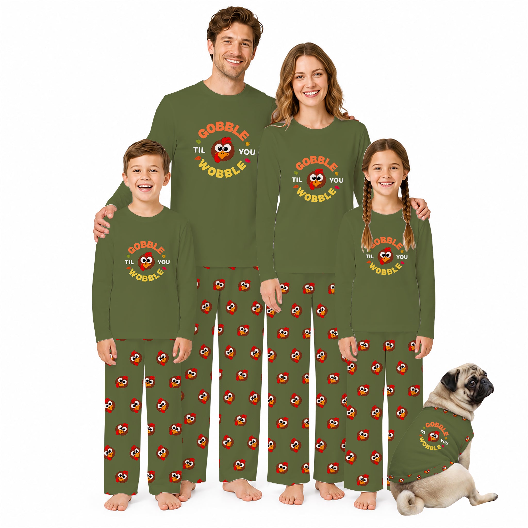 A family of four wearing matching Olive Green pajamas with a Red and yellow 'COBBLE THE YOU WROBLE' graphic, standing together on a White background, with a small pug dog wearing a matching pajama shirt at the bottom right.
