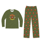 A two-piece children's pajama set on a White background, featuring a brown long-sleeve shirt with a 'Gobble Til You Wobble' turkey graphic and matching brown pants with an all-over Elmo print.