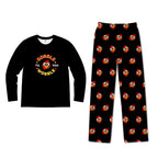 A two-piece kids' pajama set on a White background, featuring a Navy Blue long-sleeve shirt with the text 'Santa's Favorite Hockey Player' and matching Navy pants with an all-over print of hockey players wearing Red Santa hats.