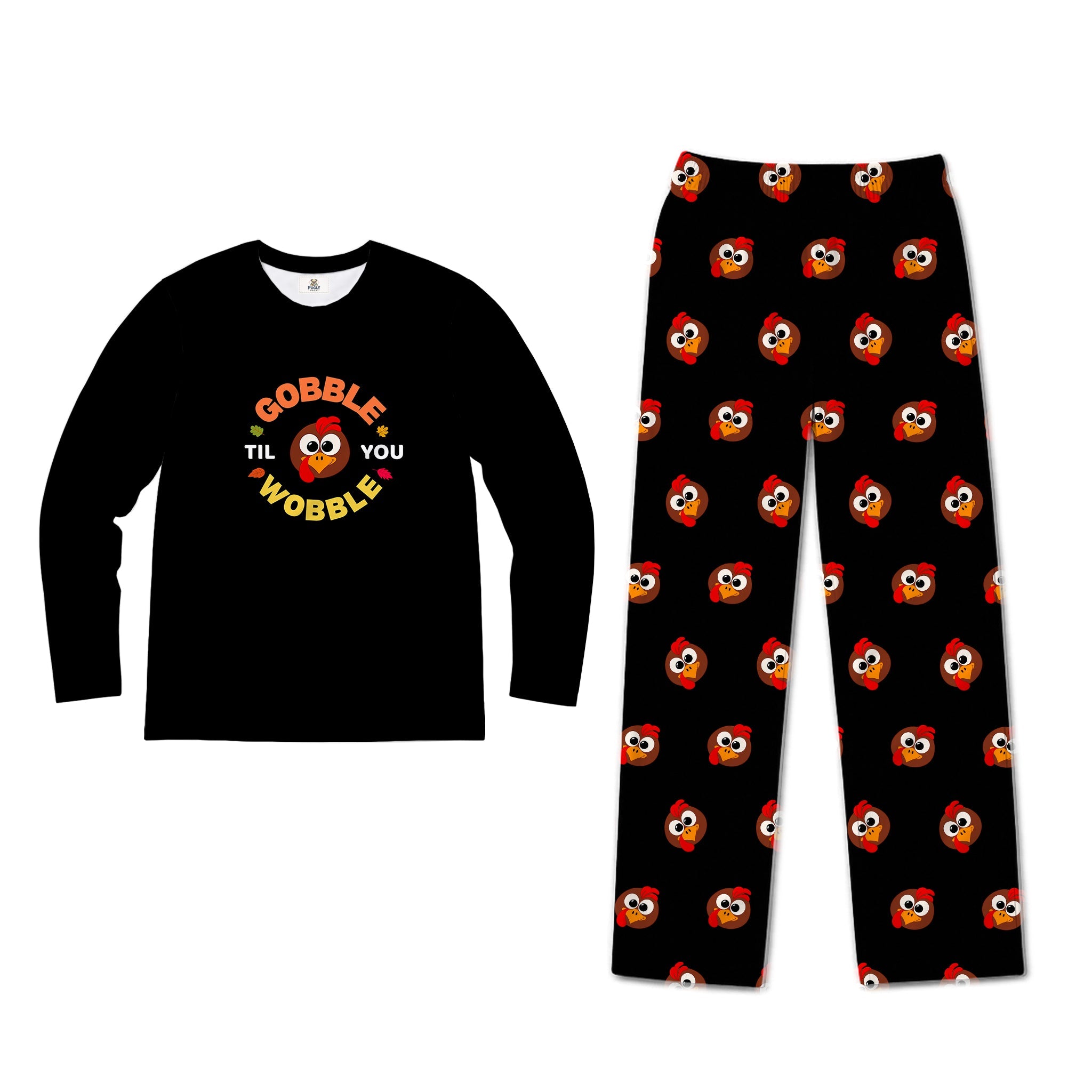 A two-piece kids' pajama set on a White background, featuring a Navy Blue long-sleeve shirt with the text 'Santa's Favorite Hockey Player' and matching Navy pants with an all-over print of hockey players wearing Red Santa hats.