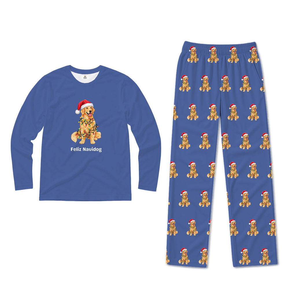 A two-piece holiday pajama set on a White background, featuring a royal Blue long-sleeve shirt with a 'Feliz Navidad' Golden Retriever graphic and matching Blue pants with an all-over repeating print of the same dog graphic.