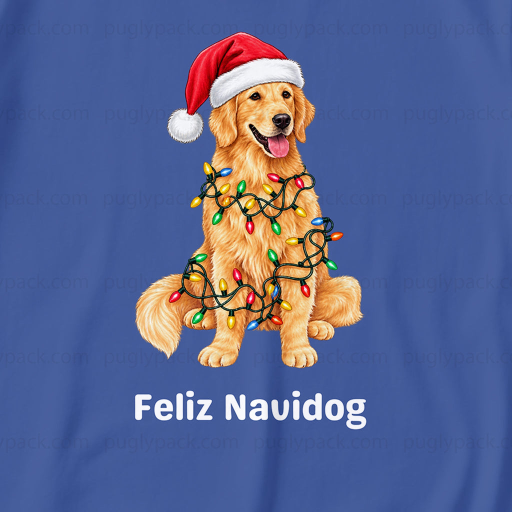 A Blue t-shirt graphic featuring a golden retriever dog wearing a Red Santa hat and wrapped in colorful Christmas lights, with the text 'Feliz Navidad' printed below.