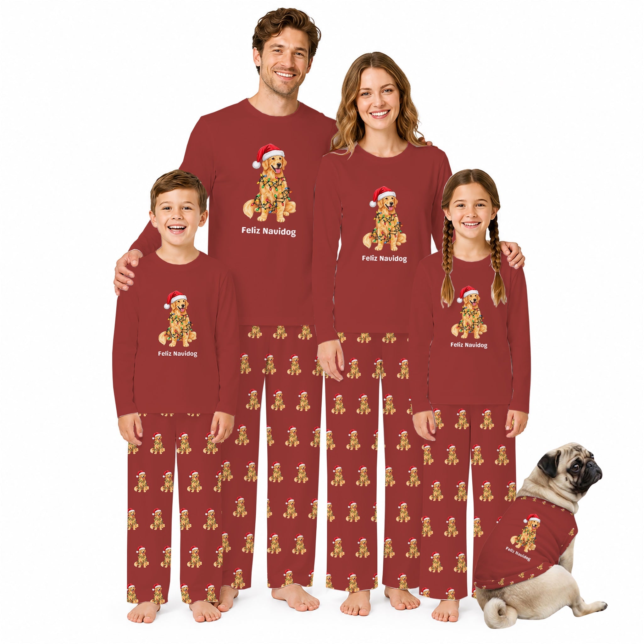 A family of four and a pug dog wearing matching dark Red Christmas pajamas with a gingerbread cookie graphic and the text 'Festive Noodg' on a White background.