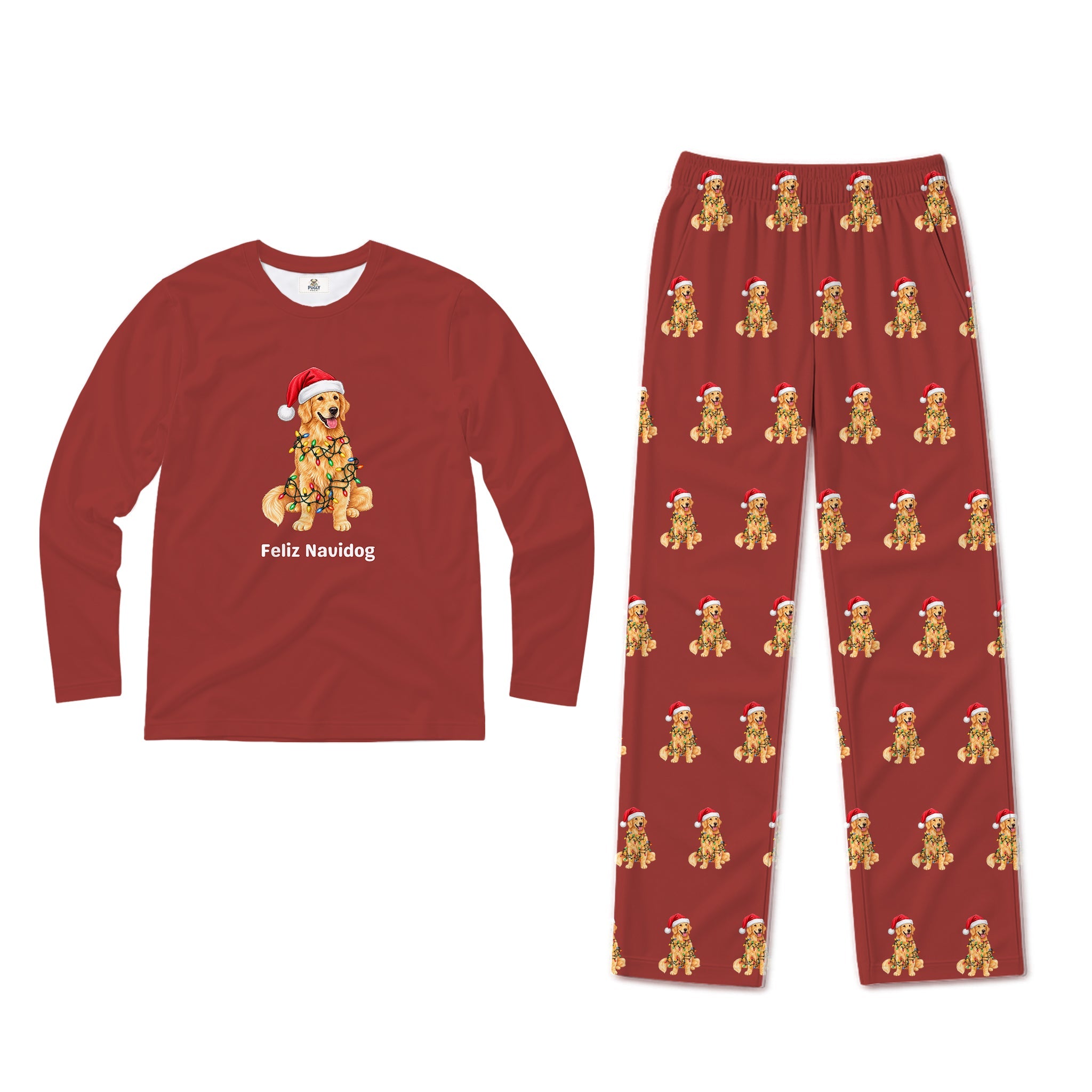A two-piece pajama set on a plain White background, featuring a long-sleeve top and matching pants. The top is maroon with a graphic of a French Bulldog wearing a turkey hat and the name 'Amelia' printed below.