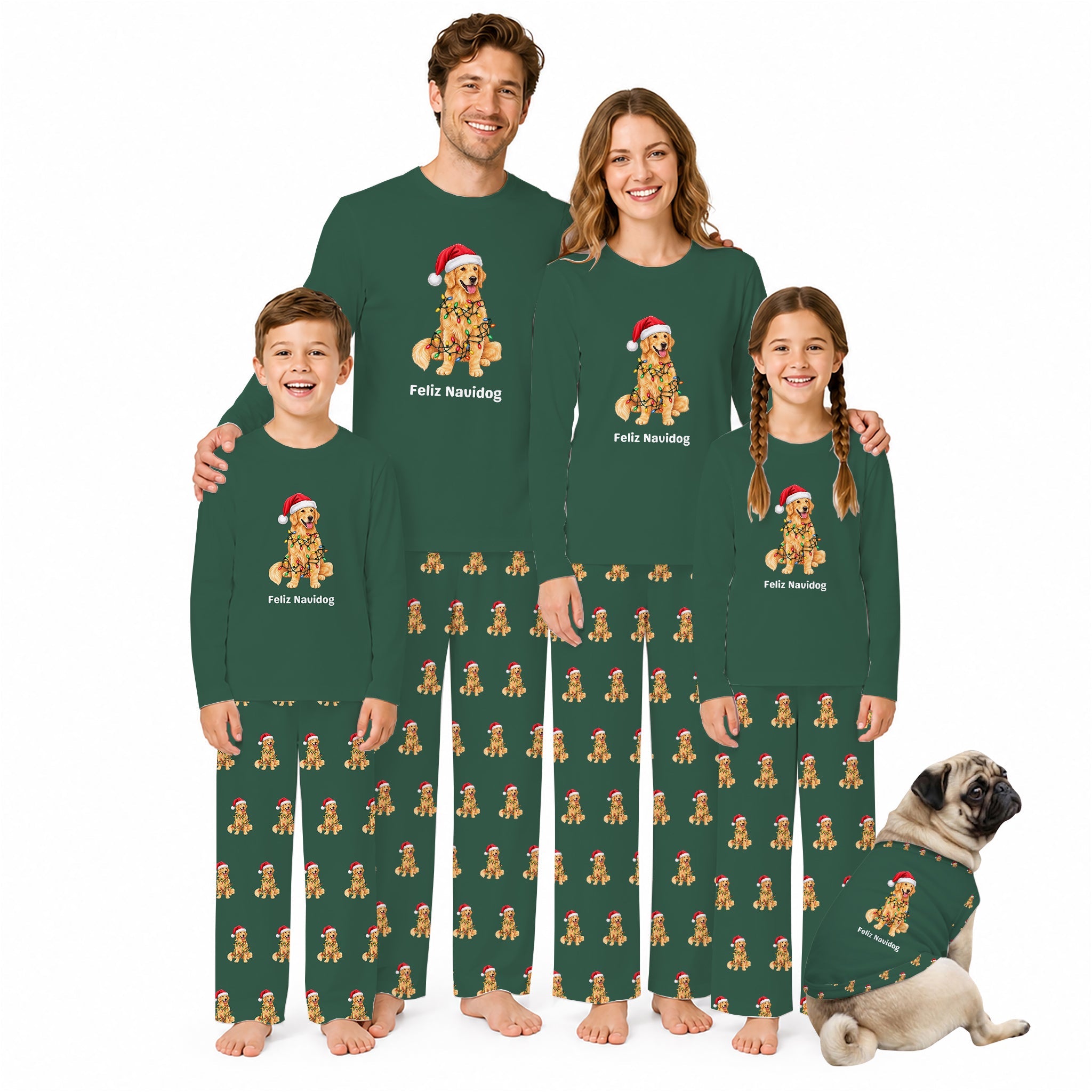 A family of five wearing matching dark Green long-sleeve pajamas with a printed dog graphic and 'Feltz Nasdog' text, standing against a White background, with a small dog sitting at the bottom right wearing a matching pajama set.