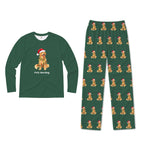 A two-piece kids' pajama set on a White background, featuring a Navy Blue long-sleeve shirt with the text 'Santa's Favorite Hockey Player' and matching Navy pants with an all-over print of hockey players wearing Red Santa hats.