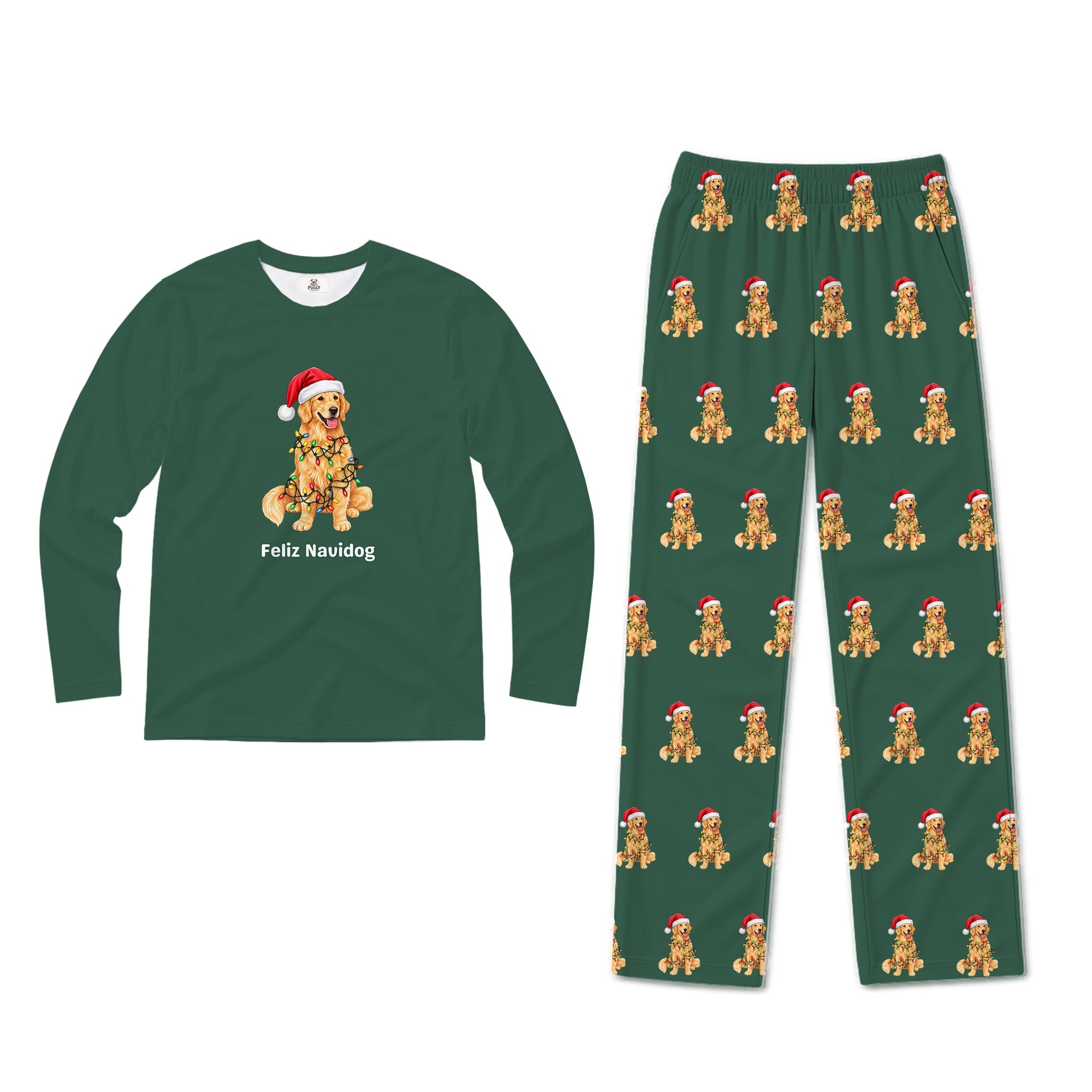 A two-piece kids' pajama set on a White background, featuring a Navy Blue long-sleeve shirt with the text 'Santa's Favorite Hockey Player' and matching Navy pants with an all-over print of hockey players wearing Red Santa hats.