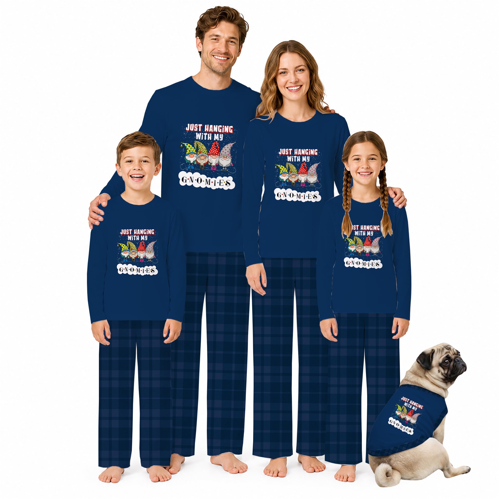 A family of four wearing matching Navy Blue long-sleeve pajamas with a colorful cartoon frog graphic and the text 'JUST DANCING WITH MY EX-BOYFRIENDS' on the chest, paiRed with dark plaid pajama pants. A small pug dog sits on the floor wearing a matching pajama set.