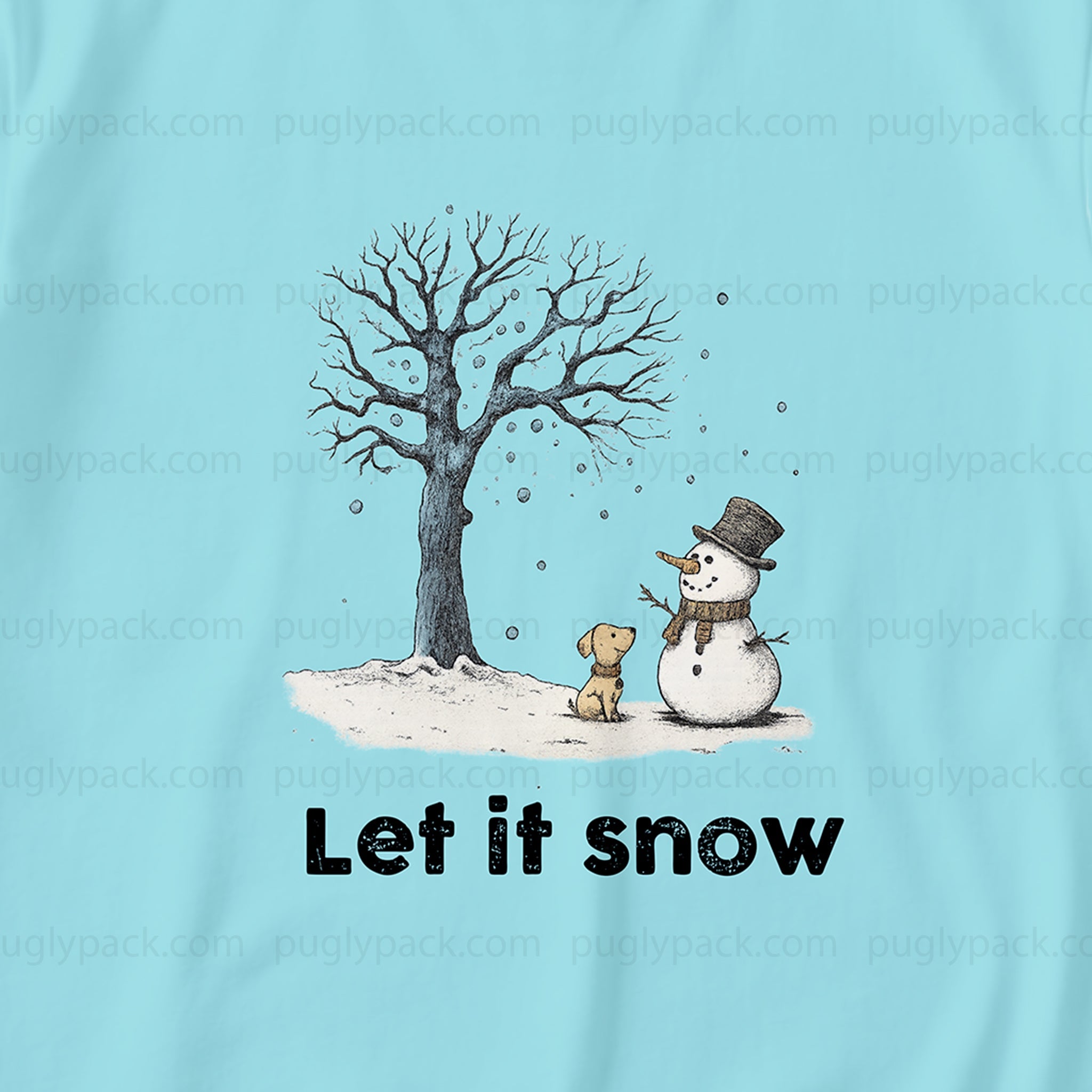 A light Blue t-shirt featuring a winter graphic print of a bare tree, a snowman, a small dog, and the text 'Let it snow' in Black. The watermark 'puglypack.