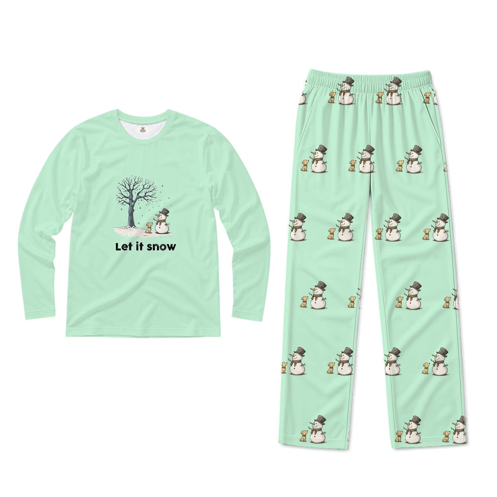 A two-piece kids' pajama set in Mint Green, featuring a long-sleeve shirt with a winter tree and 'Let it snow' graphic, and matching pants with an all-over snowman pattern.