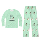 A two-piece kids' pajama set in Mint Green, featuring a long-sleeve shirt with a winter tree and 'Let it snow' graphic, and matching pants with an all-over snowman pattern.