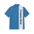 A short-sleeve button-up shirt shown from the back, featuring a medium blue body with a vertical white stripe down the center containing the text 'Company Name' in black, set against a plain white background.
