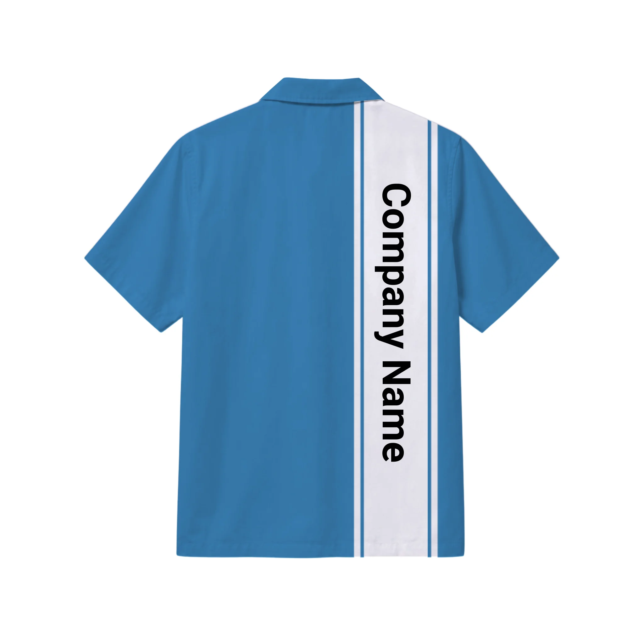 A short-sleeve button-up shirt shown from the back, featuring a medium blue body with a vertical white stripe down the center containing the text 'Company Name' in black, set against a plain white background.