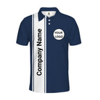 A navy blue and white polo shirt with customizable text placeholders on the front, shown on a solid white background.
