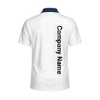 White short-sleeve polo shirt shown from the back, featuring a dark navy blue collar and vertical black text reading 'Company Name' printed down the center back.