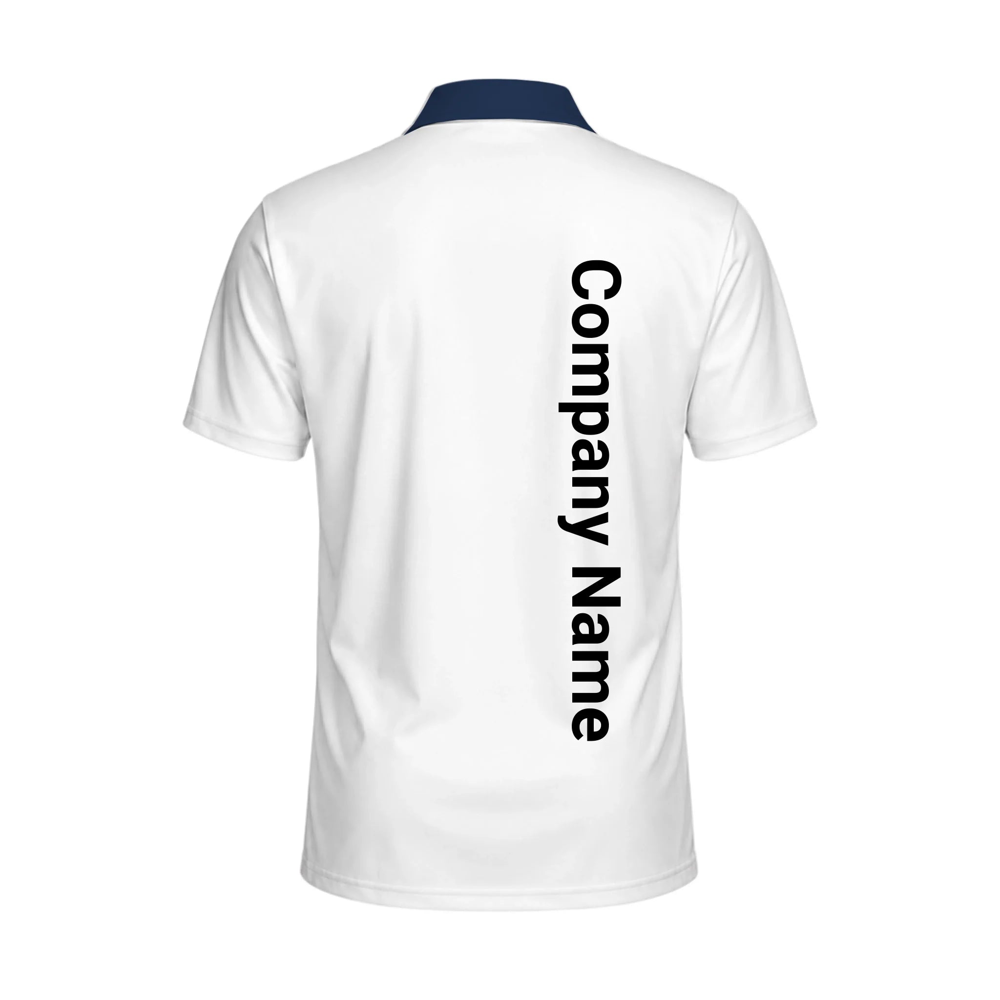 White short-sleeve polo shirt shown from the back, featuring a dark navy blue collar and vertical black text reading 'Company Name' printed down the center back.