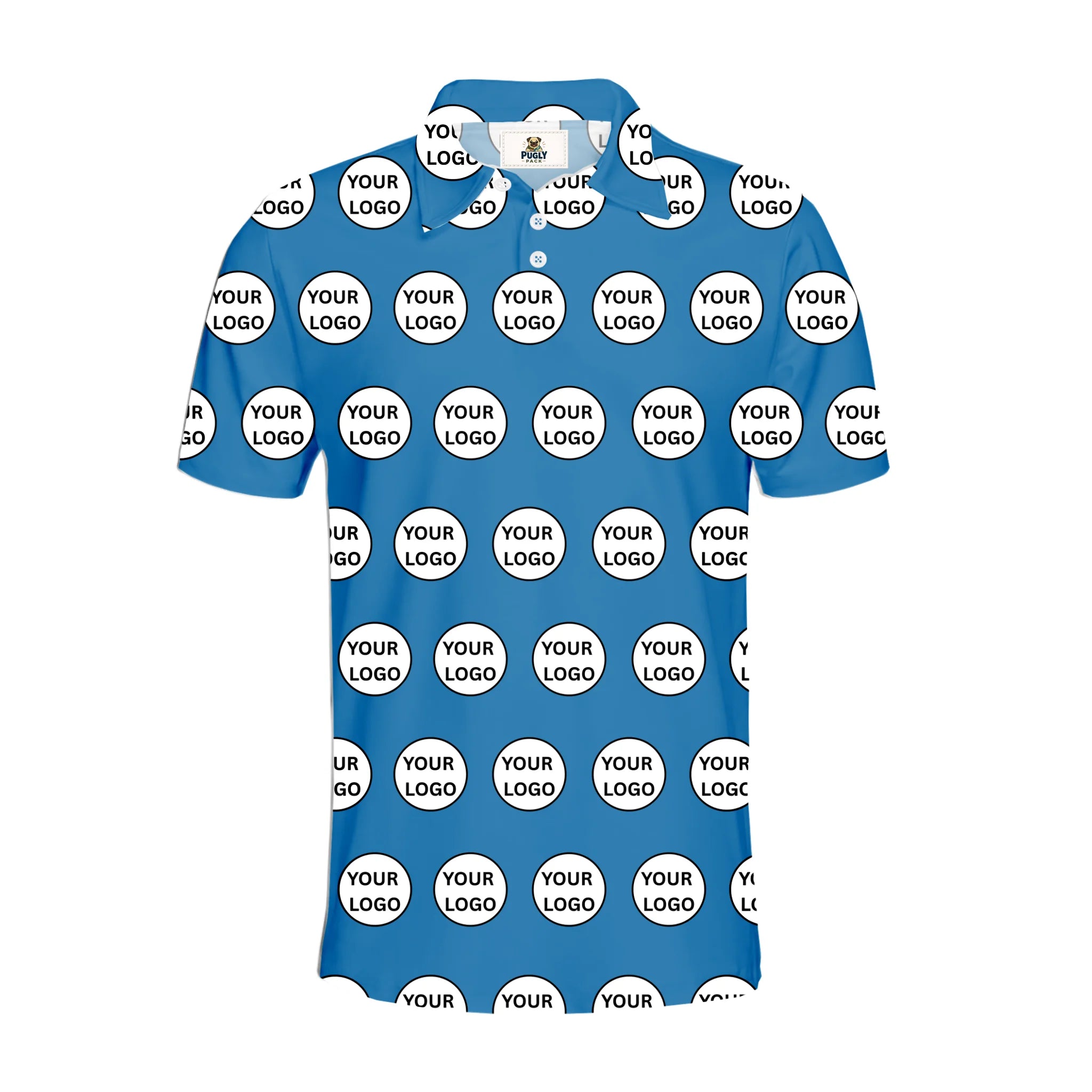 A blue short-sleeve polo shirt with an all-over white circular pattern containing the text 'YOUR LOGO' repeated inside each circle, shown on a plain white background.