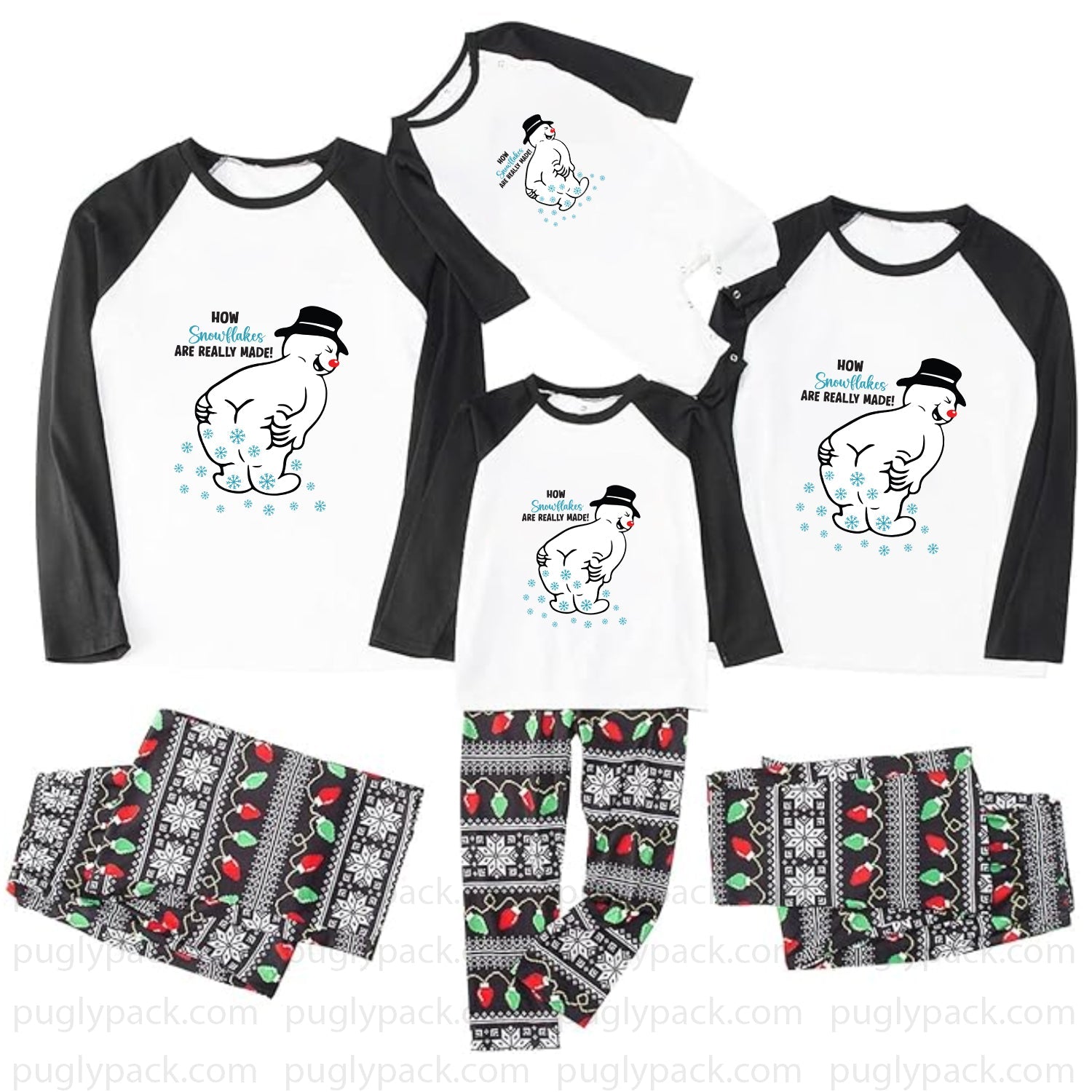 A matching family pajama set displayed on a White background, including three raglan long-sleeve shirts and three matching patterned pants. The shirts are White with Black sleeves and a cartoon penguin graphic with the text 'HOW Grandpa's ARE HEALTHY MAN!'.