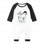 A baby one-piece romper with a White body and Black 3/4 sleeves, featuring a cartoon snowman graphic and the text 'HOW Snowman ARE REALLY MADE!' on the chest.