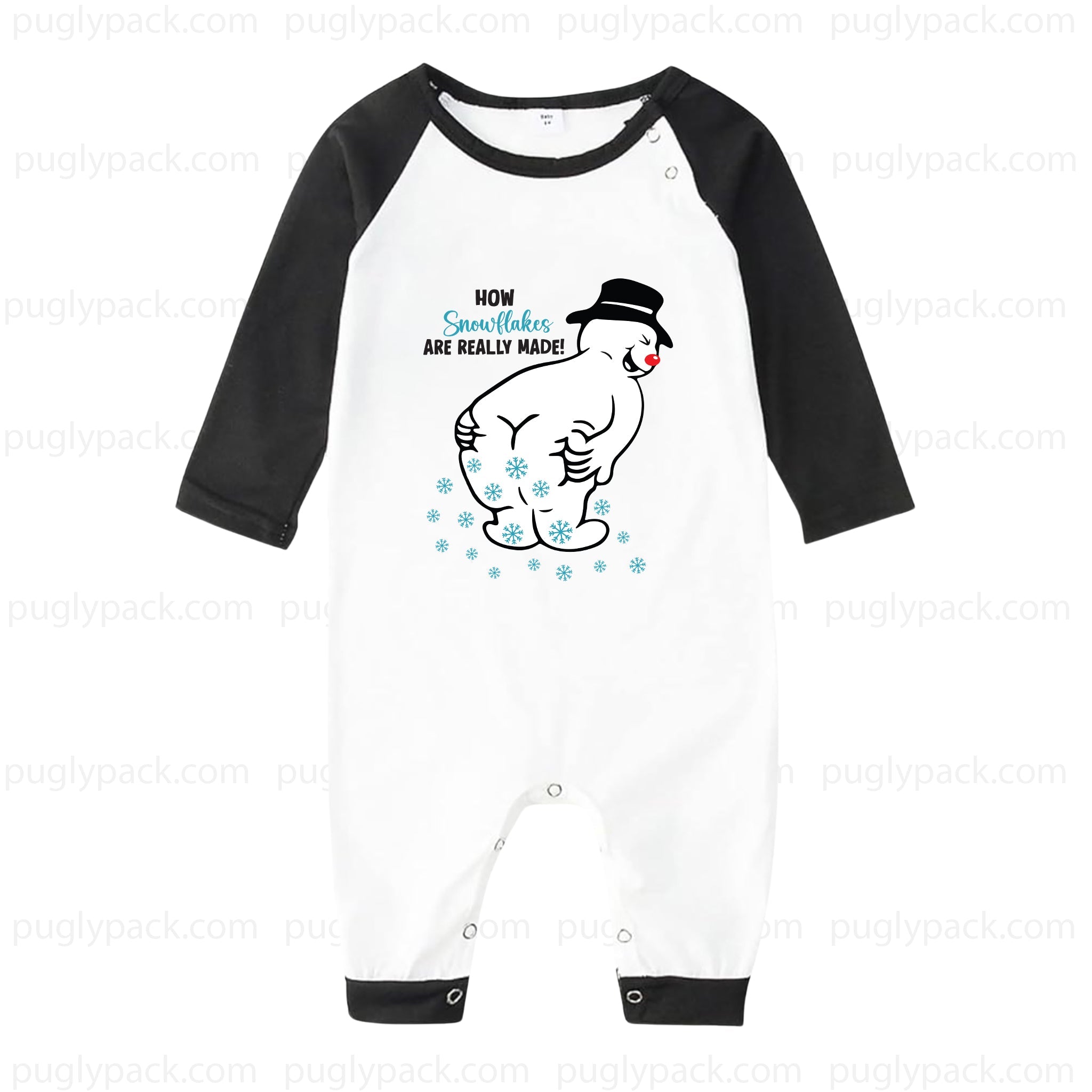 A baby one-piece romper with a White body and Black 3/4 sleeves, featuring a cartoon snowman graphic and the text 'HOW Snowman ARE REALLY MADE!' on the chest.