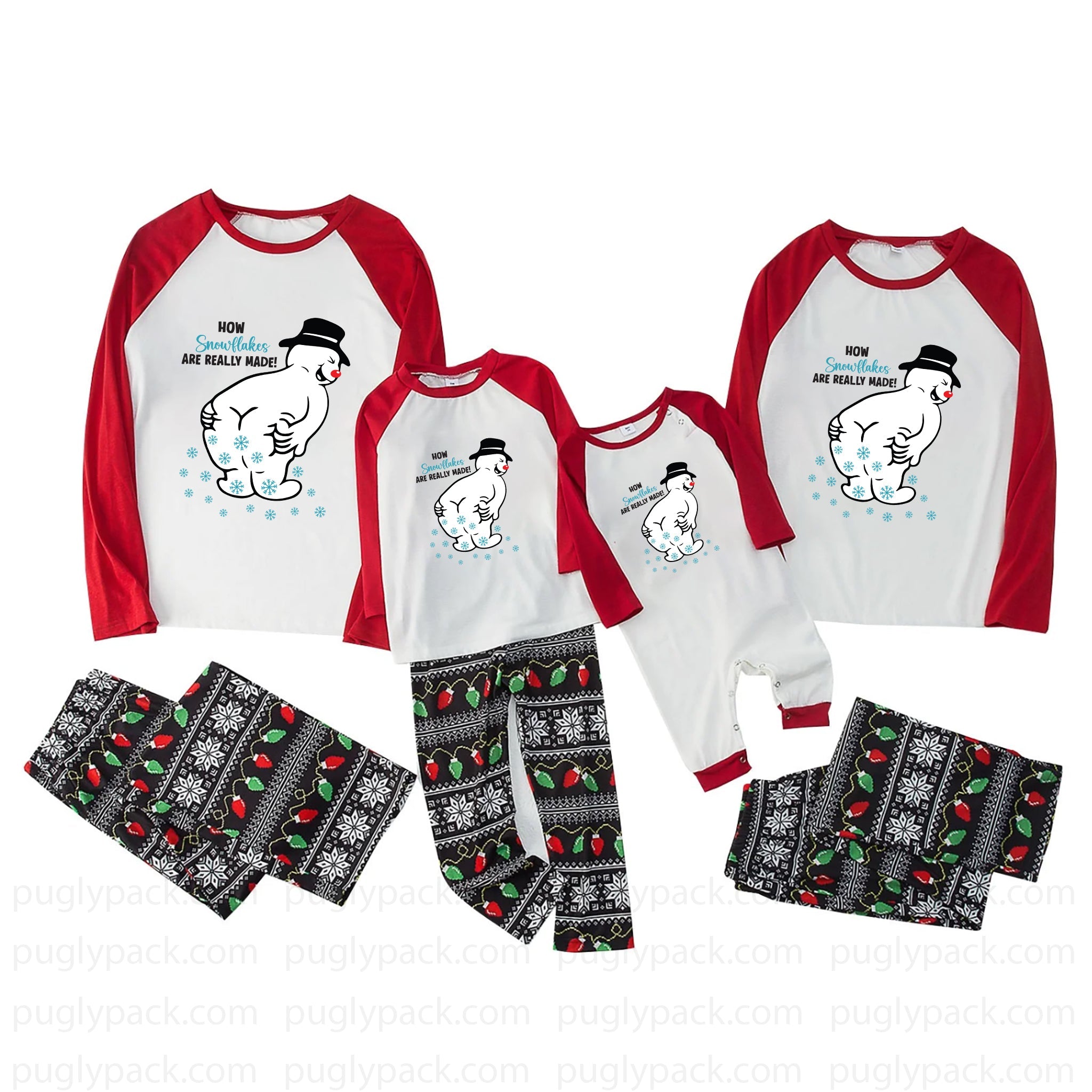 Three matching family Christmas pajama sets shown on a White background, including long-sleeve raglan tops with Red sleeves and a White front with a polar bear graphic and text, plus patterned pants in Black, White, Red, and Green.