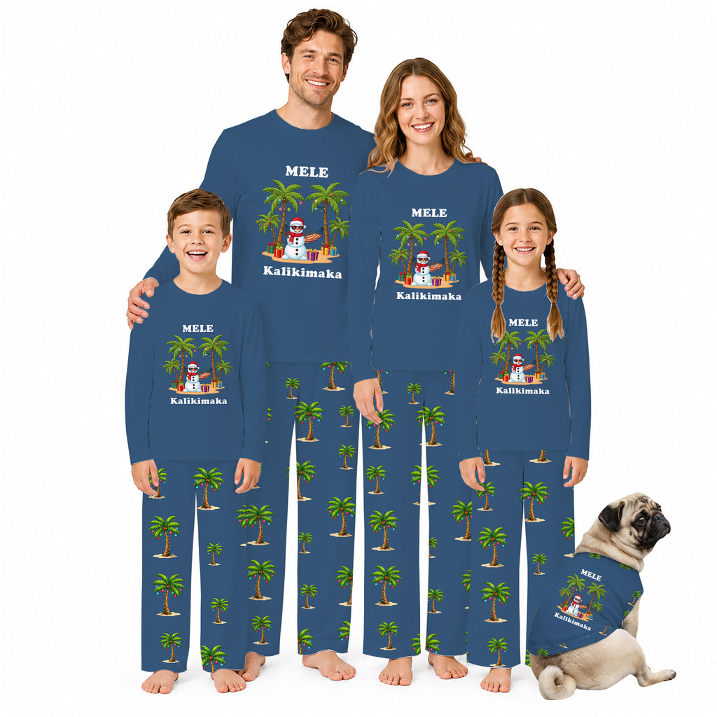 A family of four and a dog wearing matching custom long-sleeve pajamas with a blue base, green palm tree print, and a cartoon penguin graphic. The pajamas are personalized with the name 'MELE' and Hawaiian text.
