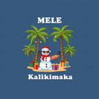 A digital graphic design featuring a cartoon snowman wearing a Santa hat and sunglasses, sitting in a hammock between two decorated palm trees with gift boxes underneath. The text 'MELE' is written above and 'Kalikimaka' below in white font on a solid blue background.