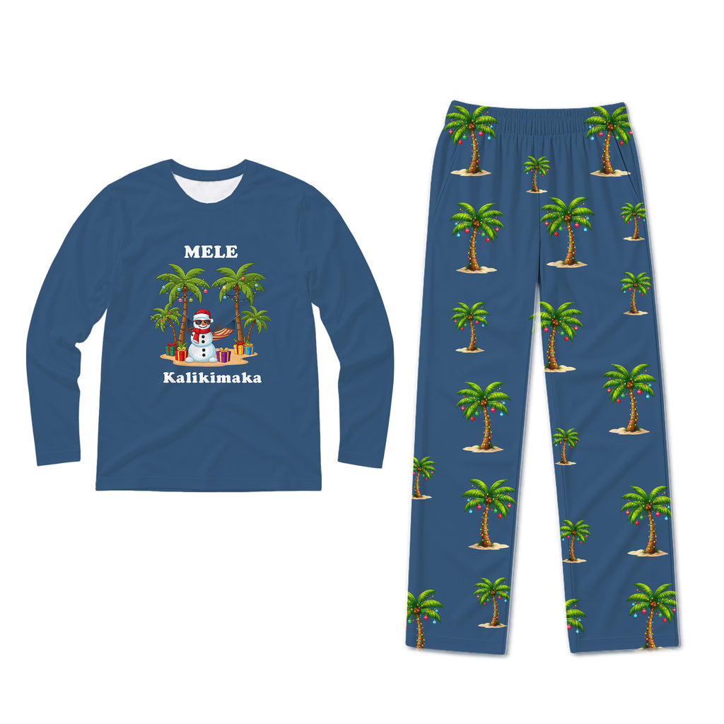 A two-piece pajama set on a white background, featuring a long-sleeve shirt and matching pants. The shirt is blue with a graphic of a snowman under palm trees and the text 'MELE Kalikimaka'.
