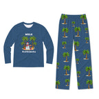 A two-piece pajama set on a white background, featuring a long-sleeve shirt and matching pants. The shirt is blue with a graphic of a snowman under palm trees and the text 'MELE Kalikimaka'.