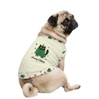 A fawn pug dog wearing a Cream-coloRed Christmas-themed pet sweater with a Green tree cat graphic and the words 'Merry Catmas'.