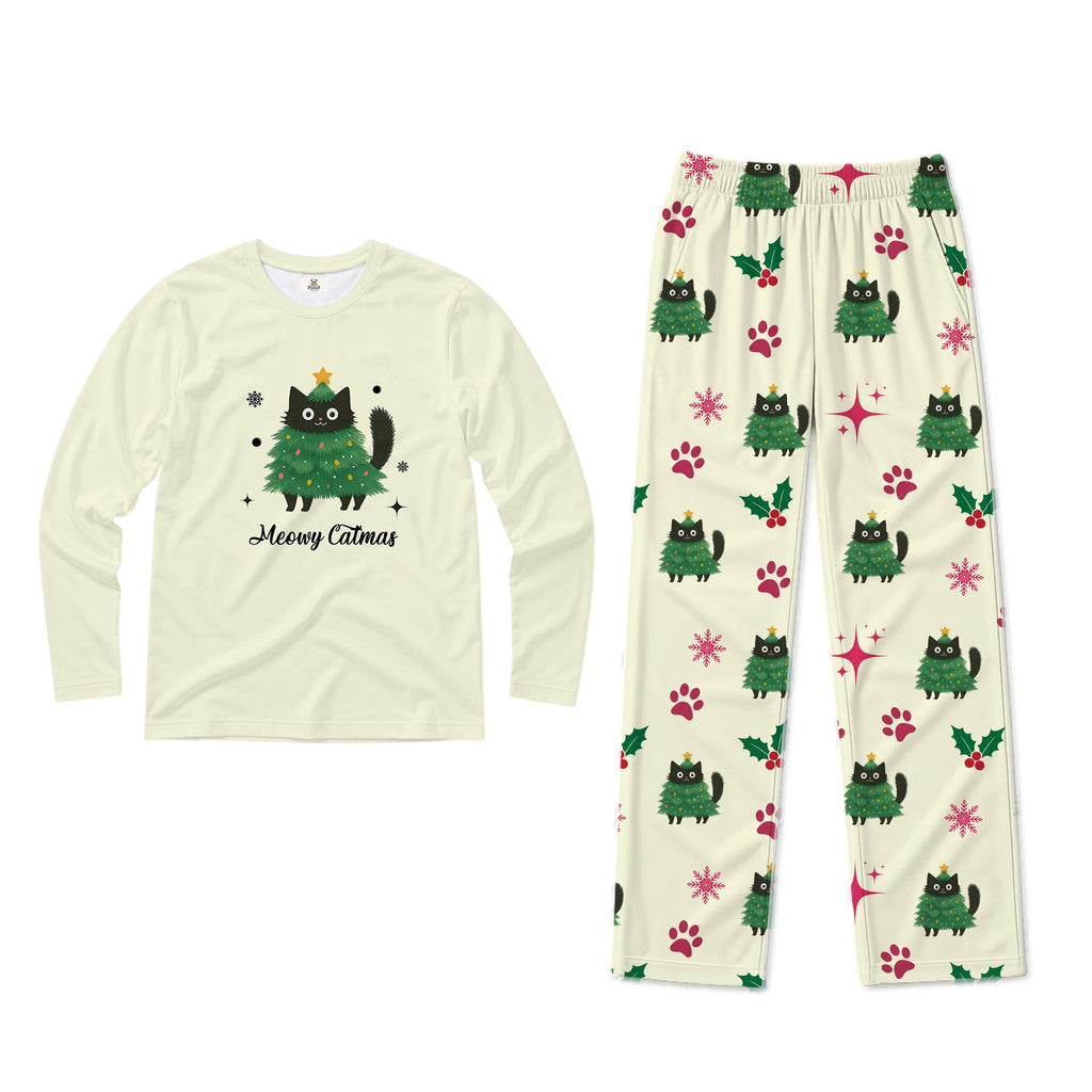 A two-piece Christmas-themed pajama set on a White background. The long-sleeve shirt is Cream-coloRed with a graphic of a Black cat dressed in a Green Christmas tree and the text 'Merry Catmas'.