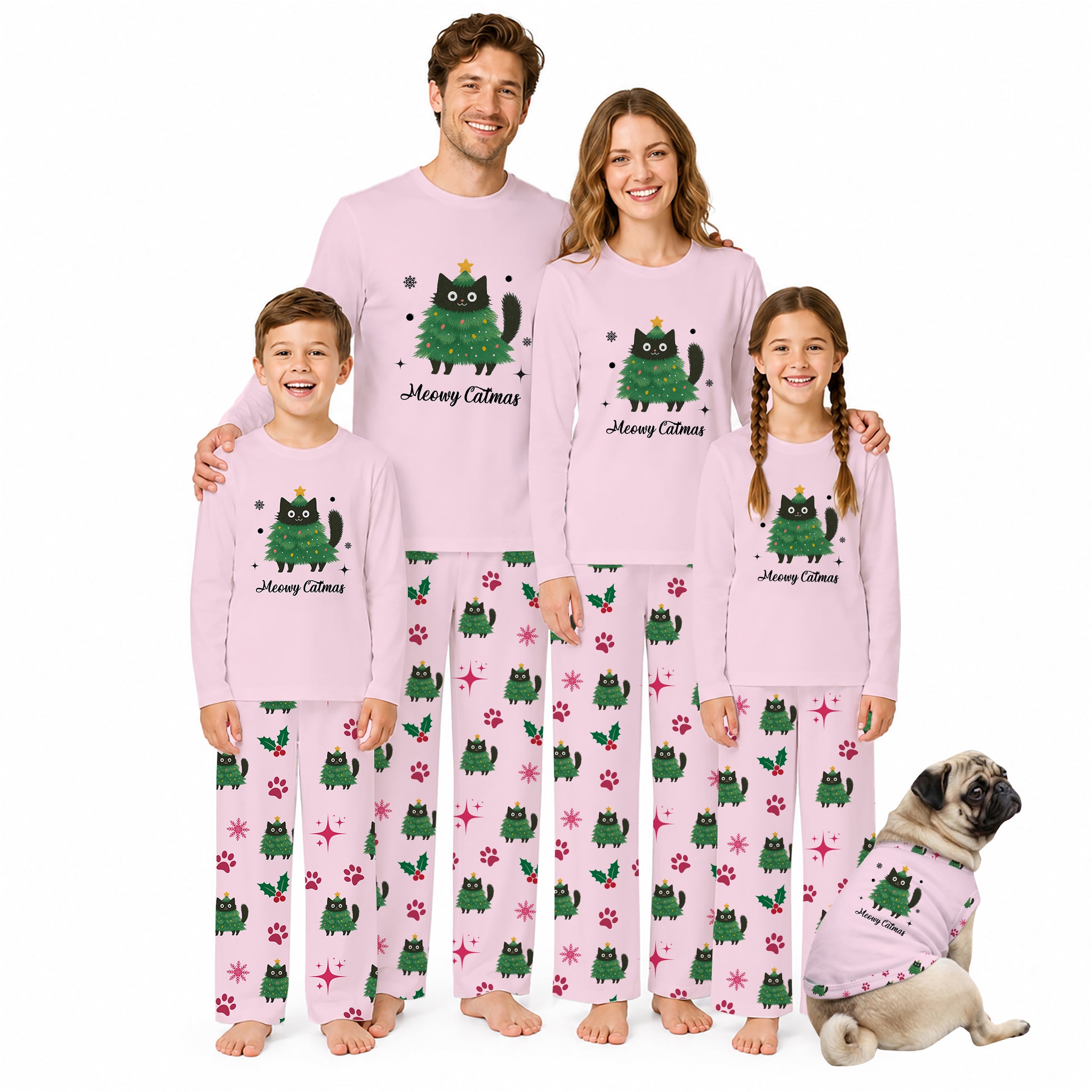 A family of four and a dog wearing matching light Pink pajamas with a Green cat graphic and the words 'Messy Cats' on a White background.