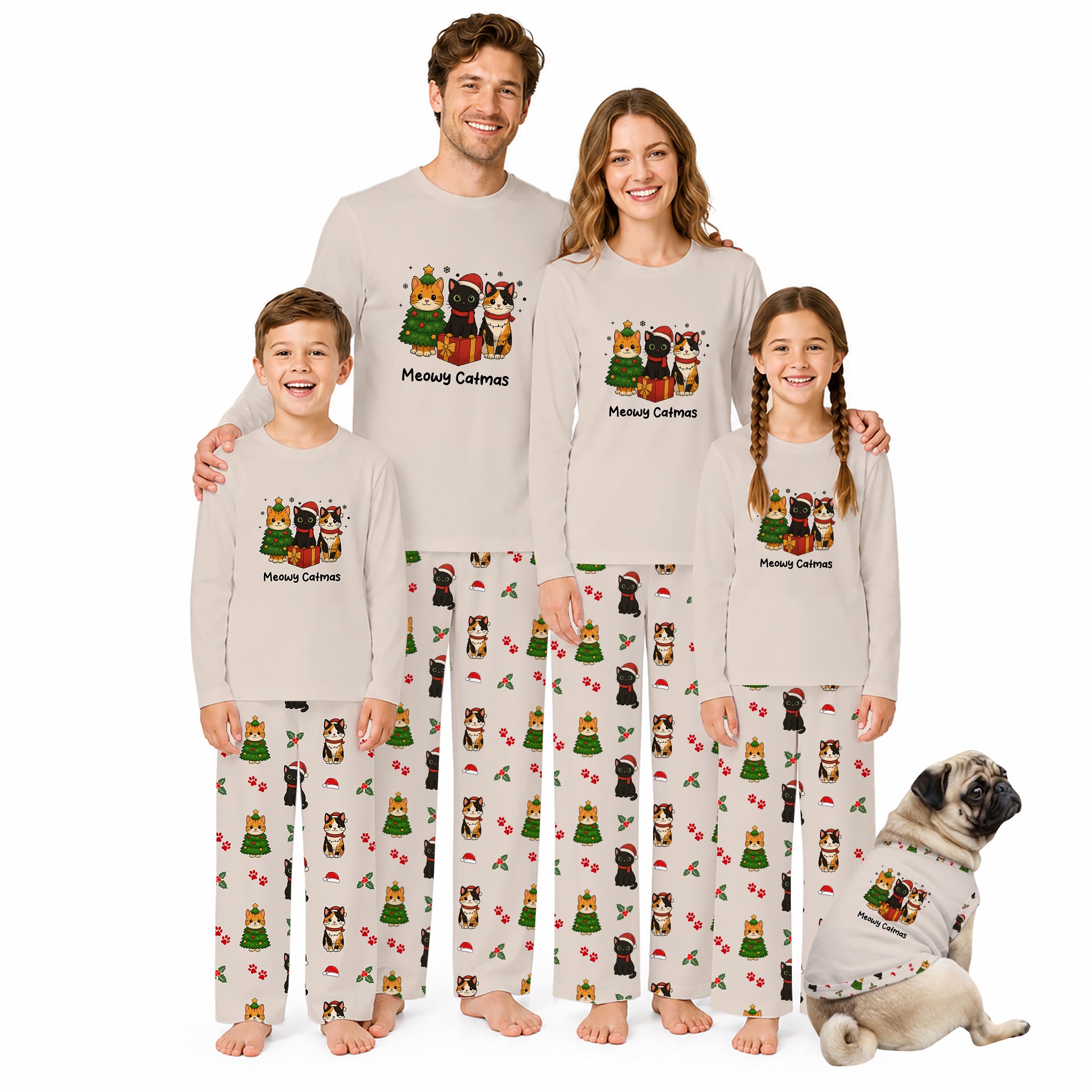 A family of four wearing matching Christmas-themed long-sleeve pajamas stands together on a White background, with a small dog sitting at their right. Each person wears a light Beige pajama top with a colorful holiday graphic and the words 'Merry Christmas,' plus matching patterned pajama pants.