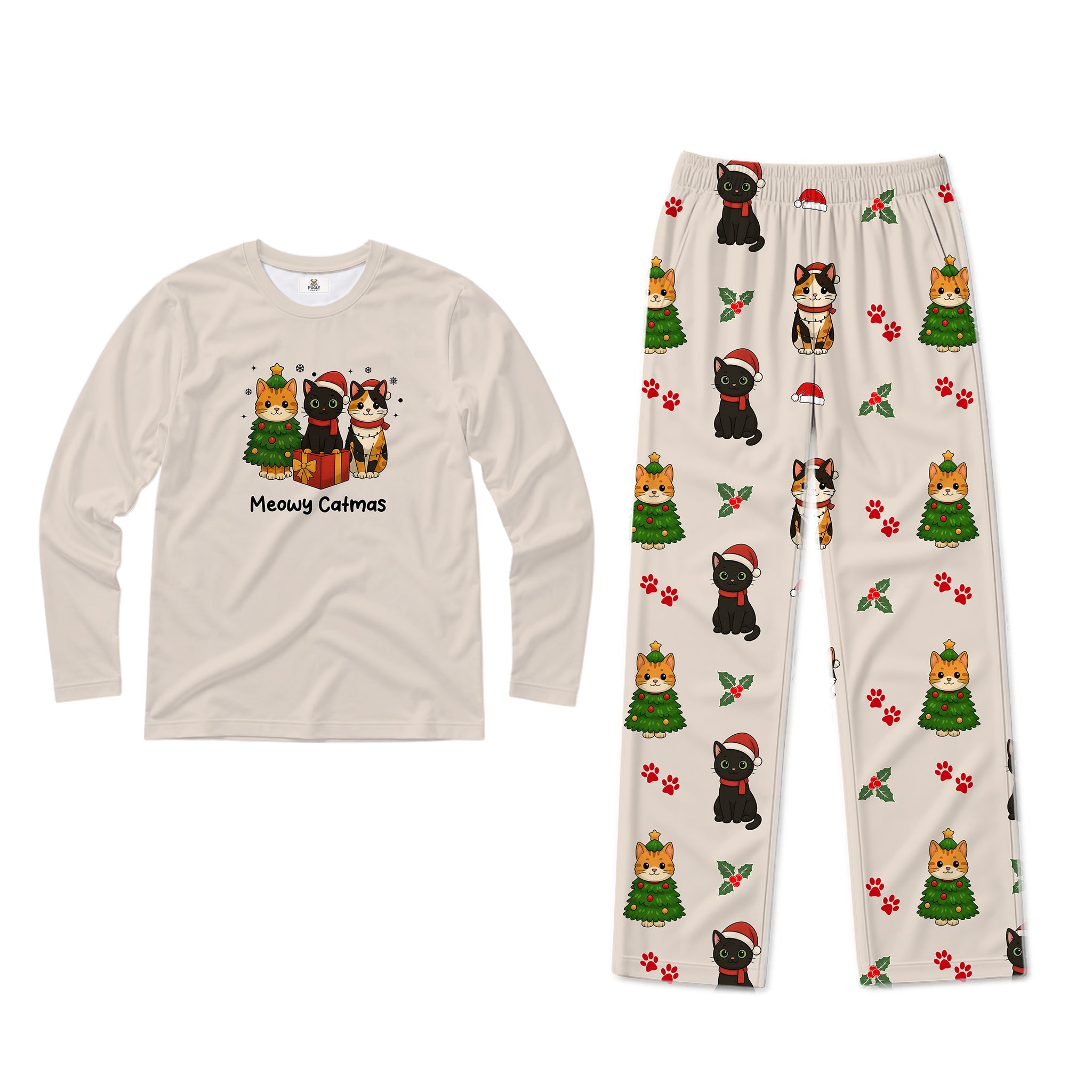 A two-piece pajama set featuring a long-sleeve Cream top with a Christmas cat graphic and matching printed pants, displayed on a clean White background.