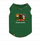 A Green sleeveless pet shirt with a festive Christmas cat graphic on the front, featuring three cartoon cats wearing Santa hats, a Christmas tree, and a gift box, with the text 'Meowy Catmas' below. The shirt is shown on a White background with a faint repeating watermark.