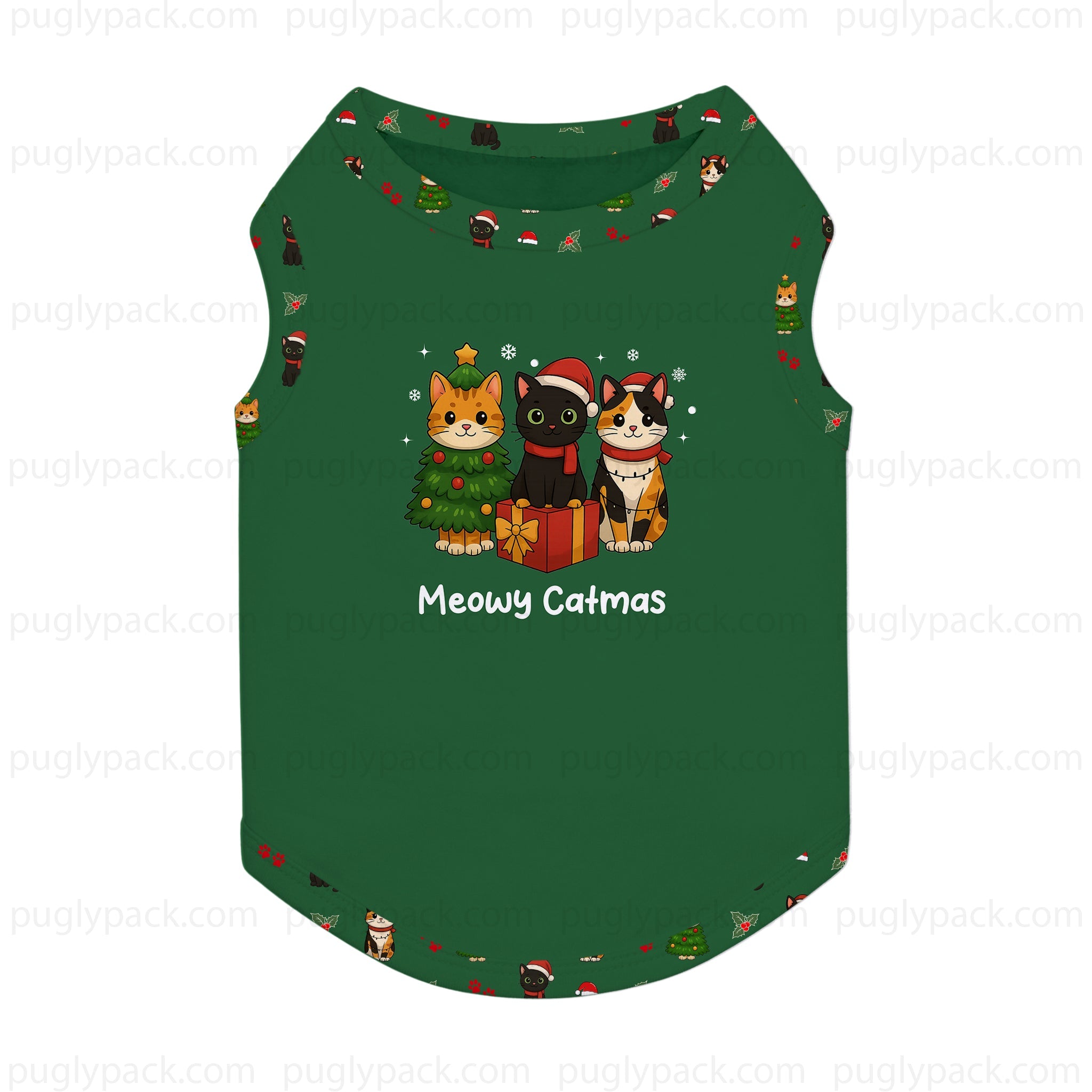 A Green sleeveless pet shirt with a festive Christmas cat graphic on the front, featuring three cartoon cats wearing Santa hats, a Christmas tree, and a gift box, with the text 'Meowy Catmas' below. The shirt is shown on a White background with a faint repeating watermark.