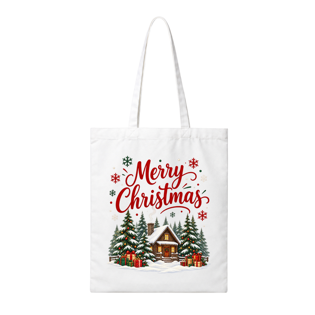 A white canvas tote bag with long handles, featuring a festive Christmas graphic on the front. The design includes the words 'Merry Christmas' in red cursive, surrounded by red and green snowflakes, above an illustration of a cozy snow-covered cabin surrounded by evergreen trees and wrapped gifts.