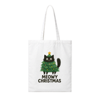 A white canvas tote bag with long handles, featuring a graphic of a black cat dressed as a green Christmas tree with a gold star and the text 'MEOWY CHRISTMAS' printed below.