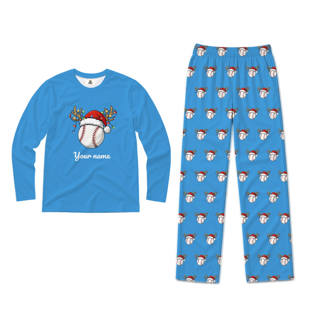 A two-piece custom pajama set on a white background, featuring a long-sleeve blue shirt with a baseball wearing a Santa hat graphic and the text 'Your name', paired with matching blue pants covered in a repeating pattern of baseballs in Santa hats.