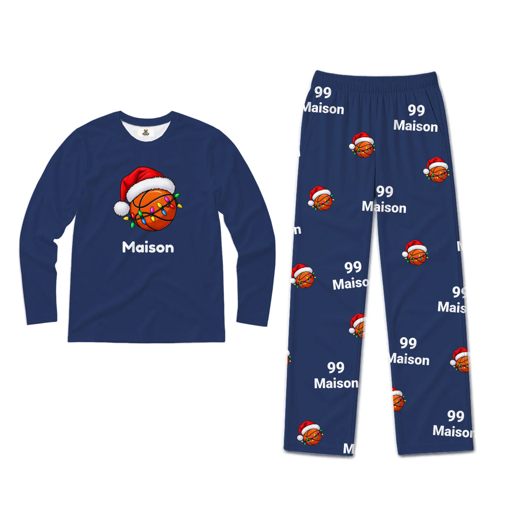 A two-piece custom sleepwear set consisting of a long-sleeve shirt and matching pants in navy blue. The shirt features a graphic of a basketball wearing a Santa hat with the name 'Maison' printed below.