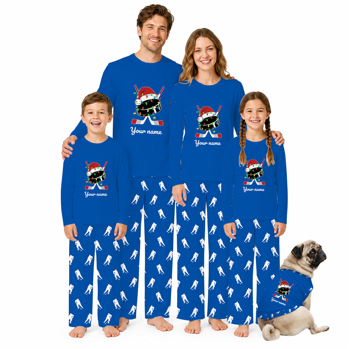 A family of four wearing matching royal blue pajamas with a hockey-themed graphic and white skater silhouettes, plus a small dog in a matching pajama shirt, on a plain white background.