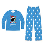 A two-piece custom long-sleeve pajama set for hockey fans, featuring a bright blue crewneck shirt with a cartoon hockey helmet graphic and 'Your name' text, paired with matching blue pants covered in a white hockey player silhouette pattern.