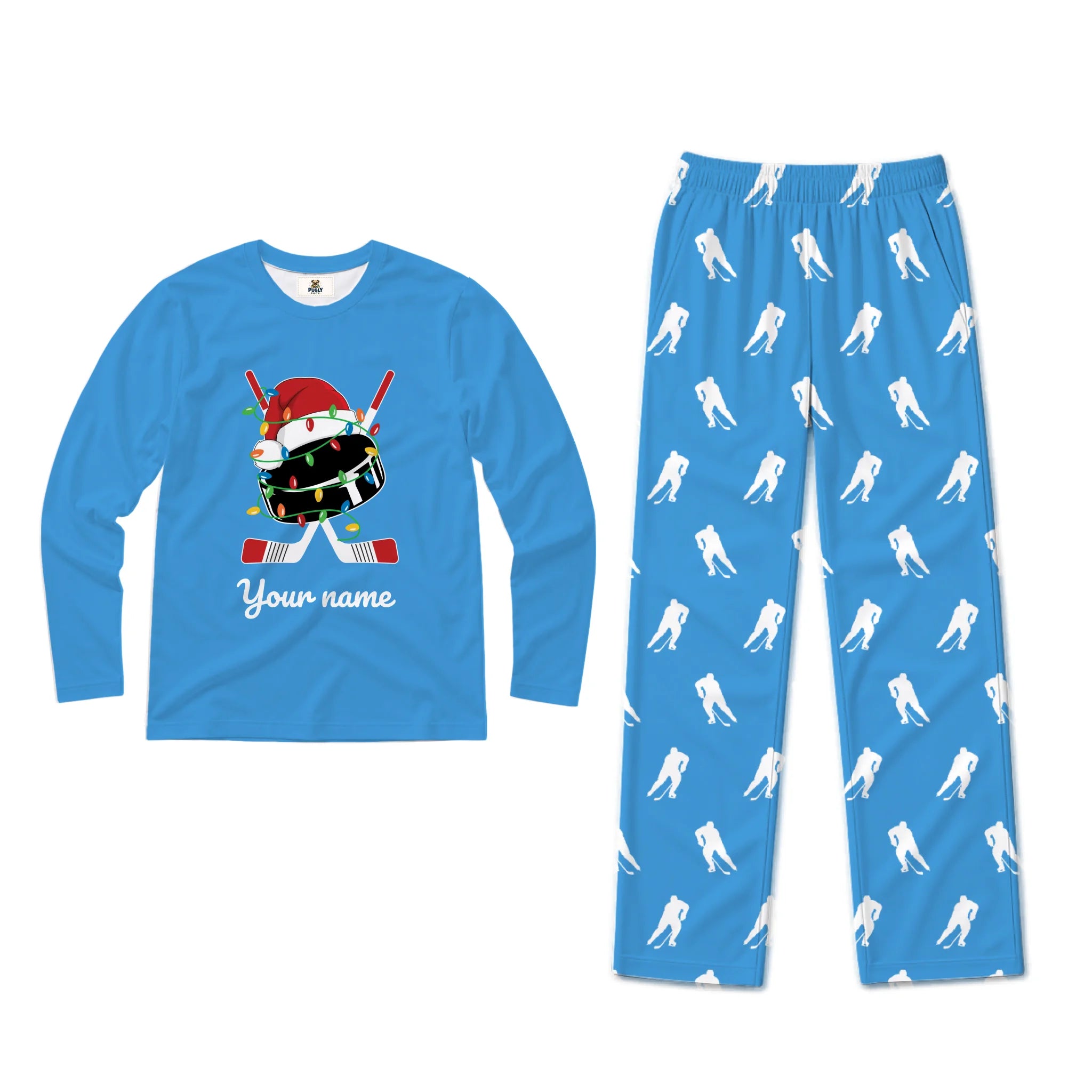 A two-piece custom long-sleeve pajama set for hockey fans, featuring a bright blue crewneck shirt with a cartoon hockey helmet graphic and 'Your name' text, paired with matching blue pants covered in a white hockey player silhouette pattern.