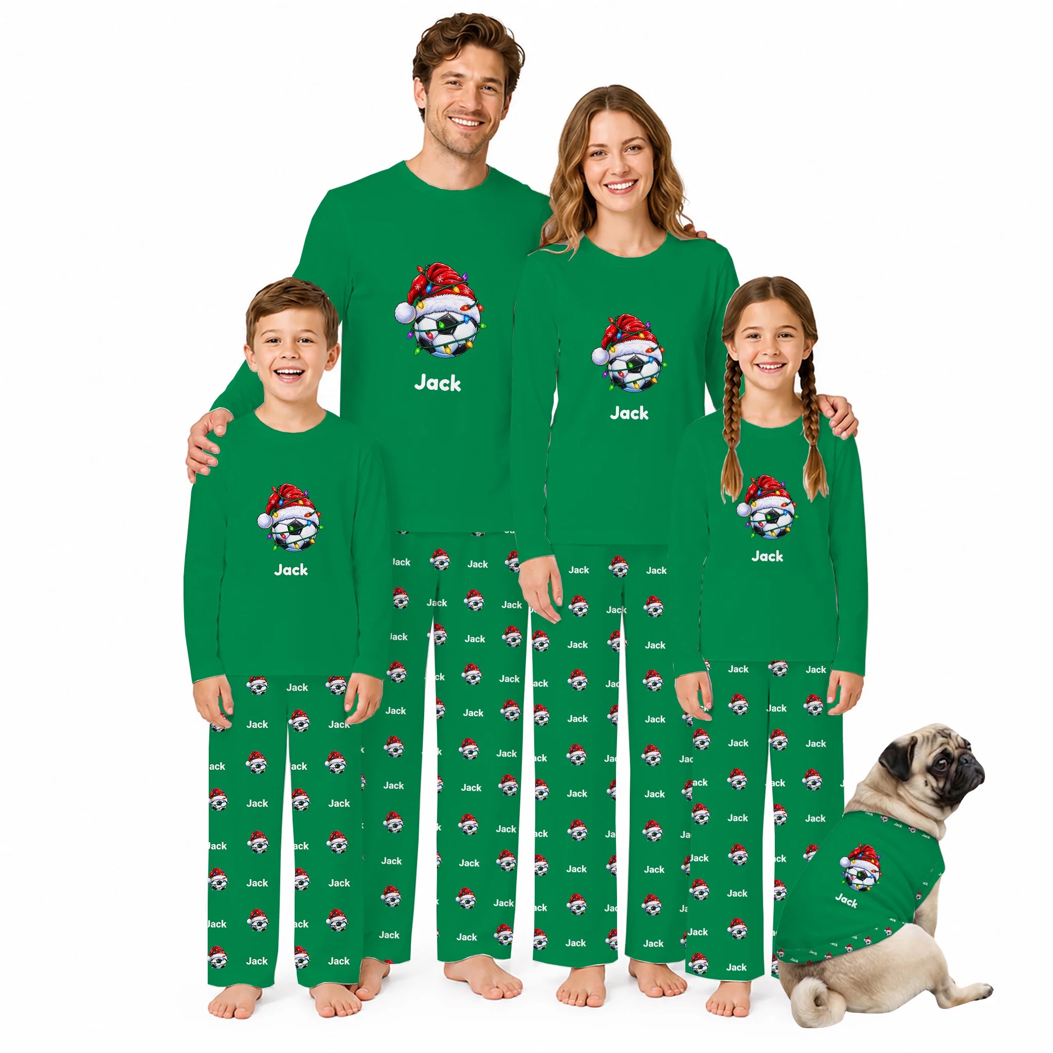 A family of four wearing matching green long-sleeve pajamas with a personalized cartoon graphic and the name 'Jack' on the chest, standing barefoot against a white background. A small pug dog sits to the right wearing a matching pajama set.