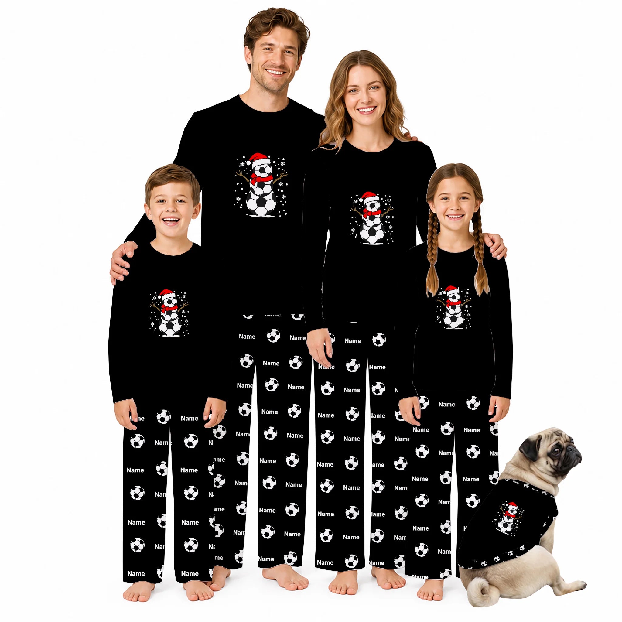 A family of five wearing matching black long-sleeve pajamas with a white snowman graphic on the chest and a white snowman pattern on the pants, standing together on a white background with a small pug dog wearing a matching pajama shirt.