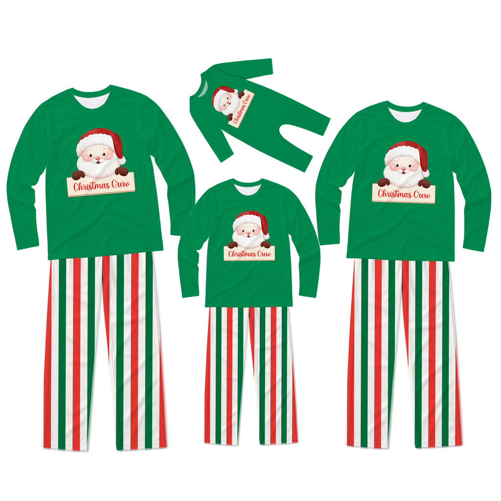 Three matching Christmas pajama sets for different sizes, featuring a green long-sleeve top with a Santa Claus graphic and red, white, and green striped pants, displayed on a solid white background.