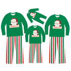 Three matching Christmas pajama sets for different sizes, featuring a green long-sleeve top with a Santa Claus graphic and red, white, and green striped pants, displayed on a solid white background.