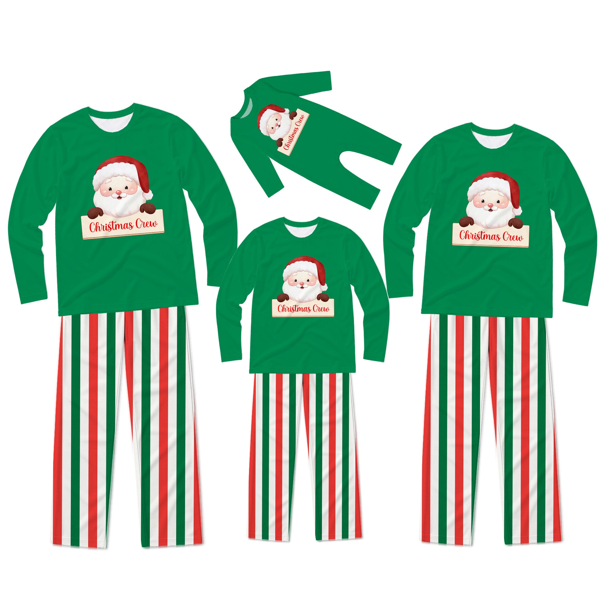 Three matching Christmas pajama sets for different sizes, featuring a green long-sleeve top with a Santa Claus graphic and red, white, and green striped pants, displayed on a solid white background.
