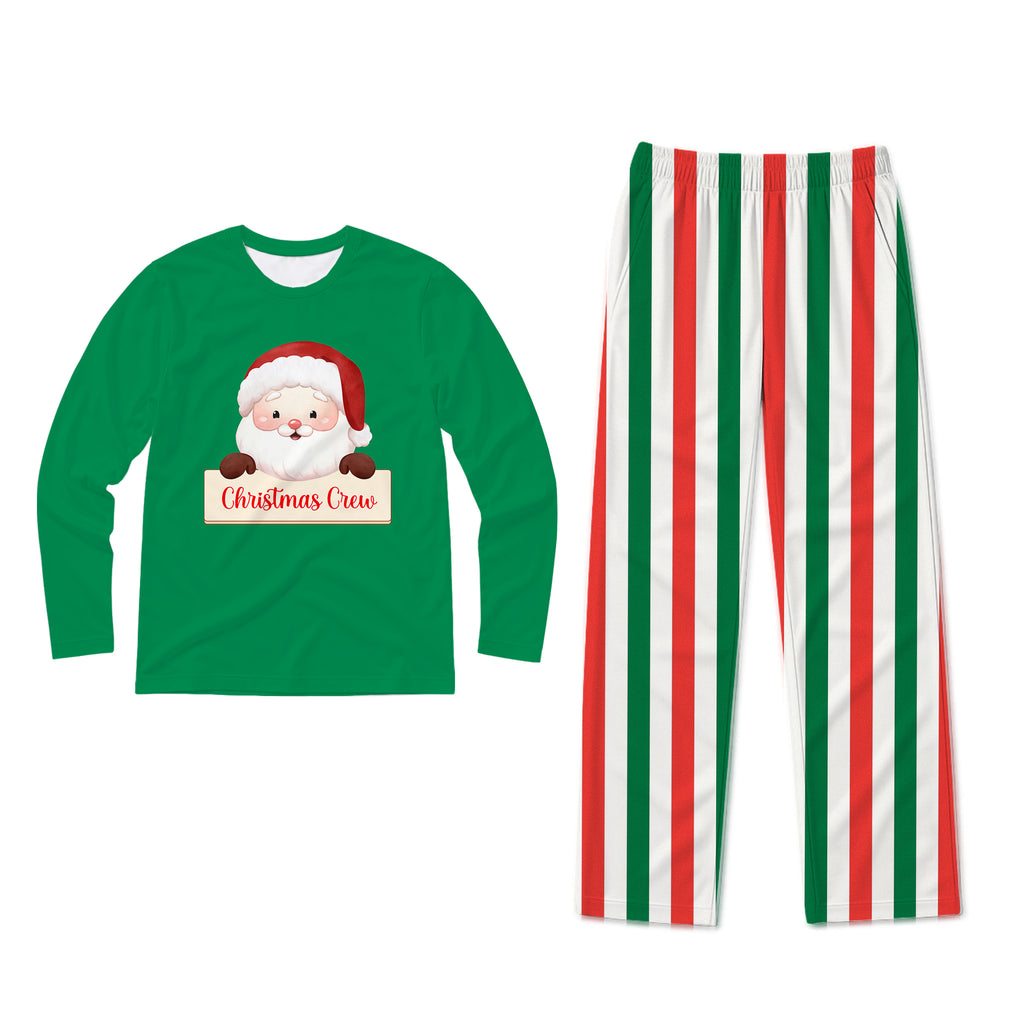 A two-piece Christmas pajama set on a white background, featuring a green long-sleeve shirt with a Santa Claus graphic and the words 'Christmas Crew', paired with matching striped pants in green, red, and white.