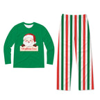 A two-piece Christmas pajama set on a white background, featuring a green long-sleeve shirt with a Santa Claus graphic and the words 'Christmas Crew', paired with matching striped pants in green, red, and white.